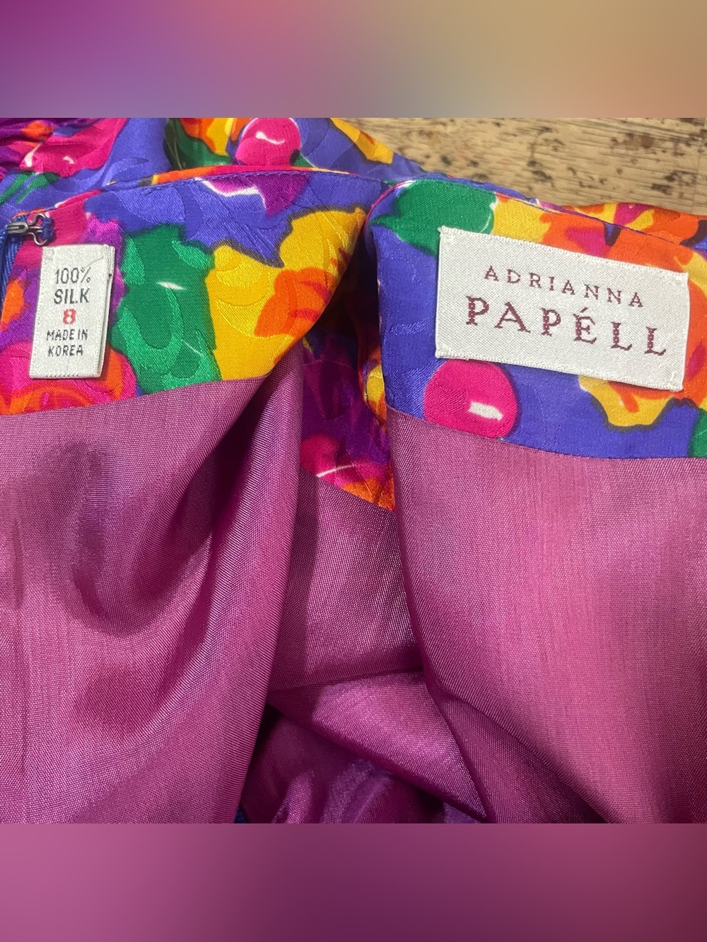VTG 80s Adrianna Papell Silk Floral Dress Puff Sleeve Size 8 - Picture 4 of 6
